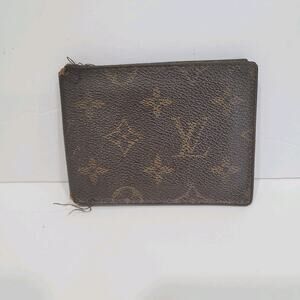LOUIS VUITTON LV Vintage Unisex Leather ID Card Wallet Brown Bifold Small 80s